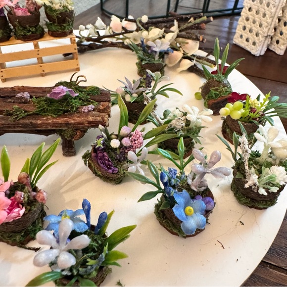 Vintage handmade dollhouse miniature wood potted plants bench branches flowers - Picture 3 of 13